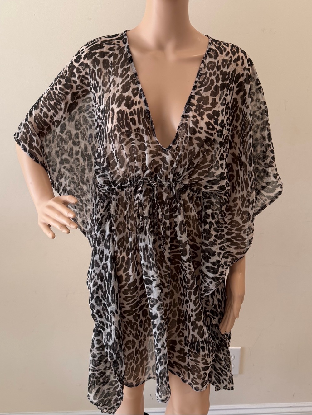 Grey Leopard Print Women’s Sheer Chiffon Beach Cover Up Mini Kaftan Dress Tunic - Picture 2 of 8